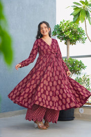 Noor Wine Rayon Printed Anarkali Set