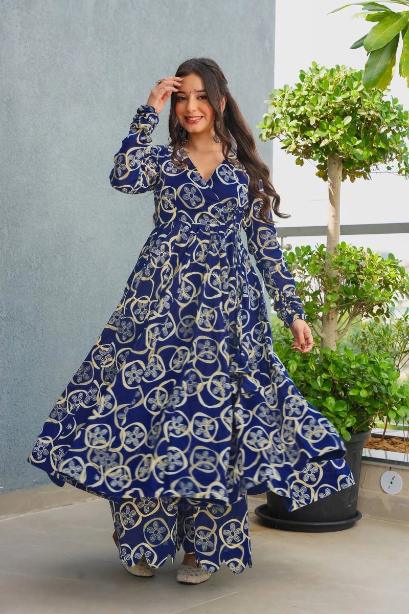 Noor Royal Blue Rayon Printed Anarkali Set