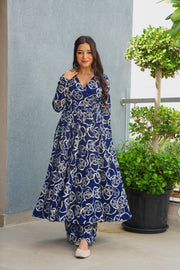 Noor Royal Blue Rayon Printed Anarkali Set