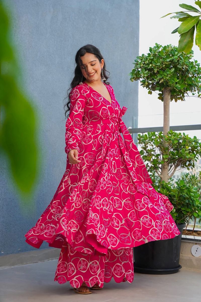 Noor Rani Pink Rayon Printed Anarkali Set