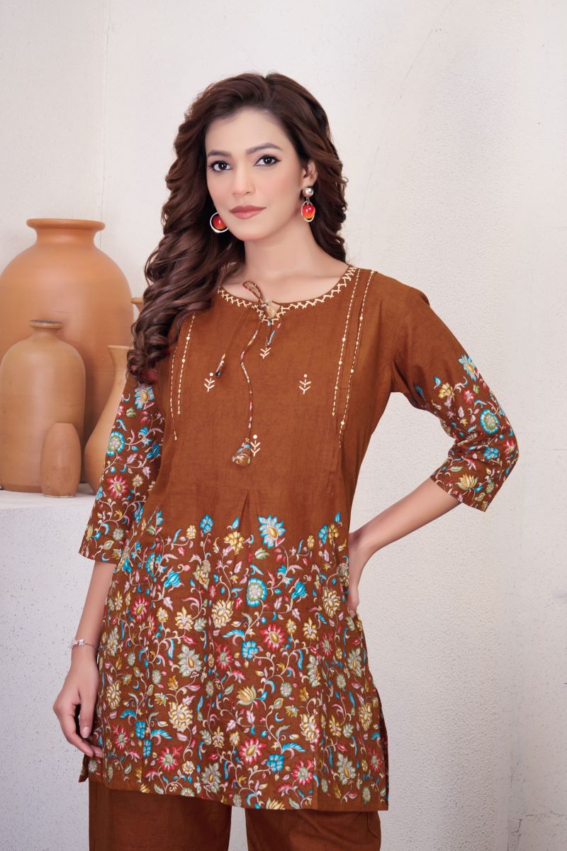 Noor Brown Pure Cotton Printed Co-Ord Set