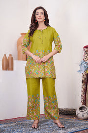 Noor Olive Green Pure Cotton Printed Co-Ord Set