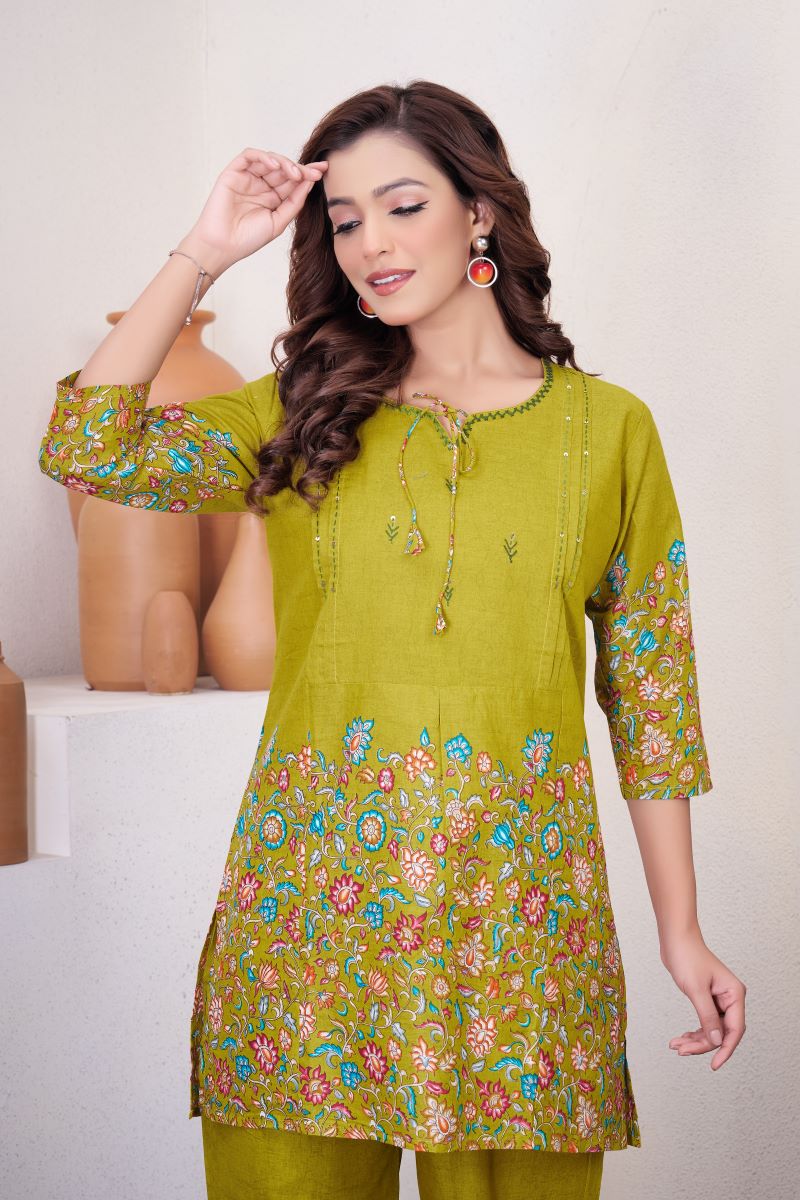 Noor Olive Green Pure Cotton Printed Co-Ord Set