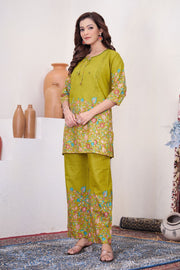 Noor Olive Green Pure Cotton Printed Co-Ord Set