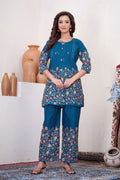 Noor Teal Blue Pure Cotton Printed Co-Ord Set