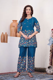 Noor Teal Blue Pure Cotton Printed Co-Ord Set