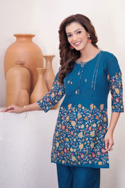 Noor Teal Blue Pure Cotton Printed Co-Ord Set