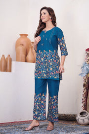 Noor Teal Blue Pure Cotton Printed Co-Ord Set
