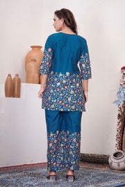 Noor Teal Blue Pure Cotton Printed Co-Ord Set