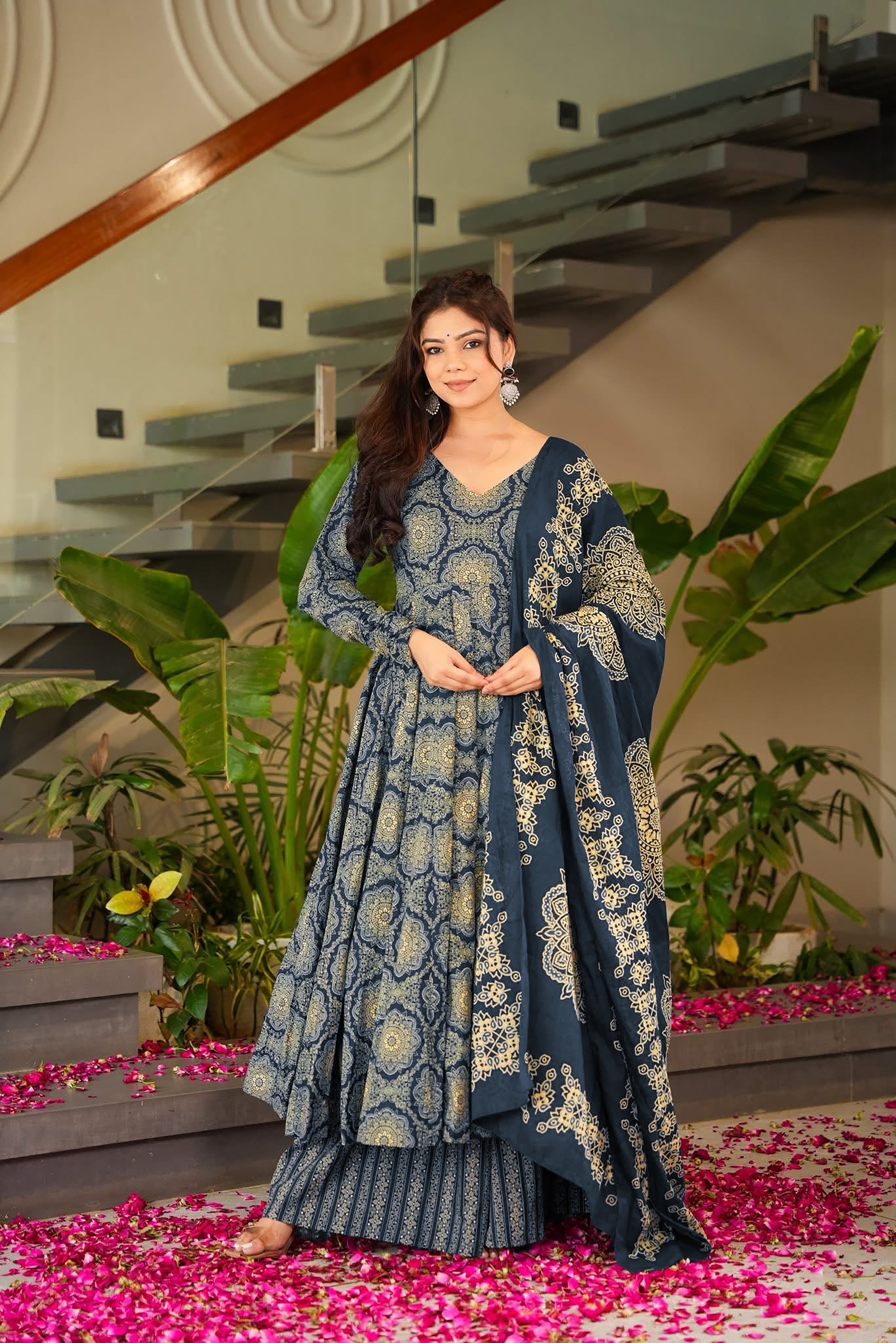 Blue Printed Muslin Suit