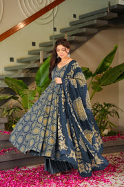 Blue Printed Muslin Suit