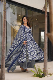 Indigo Printed Muslin Suit