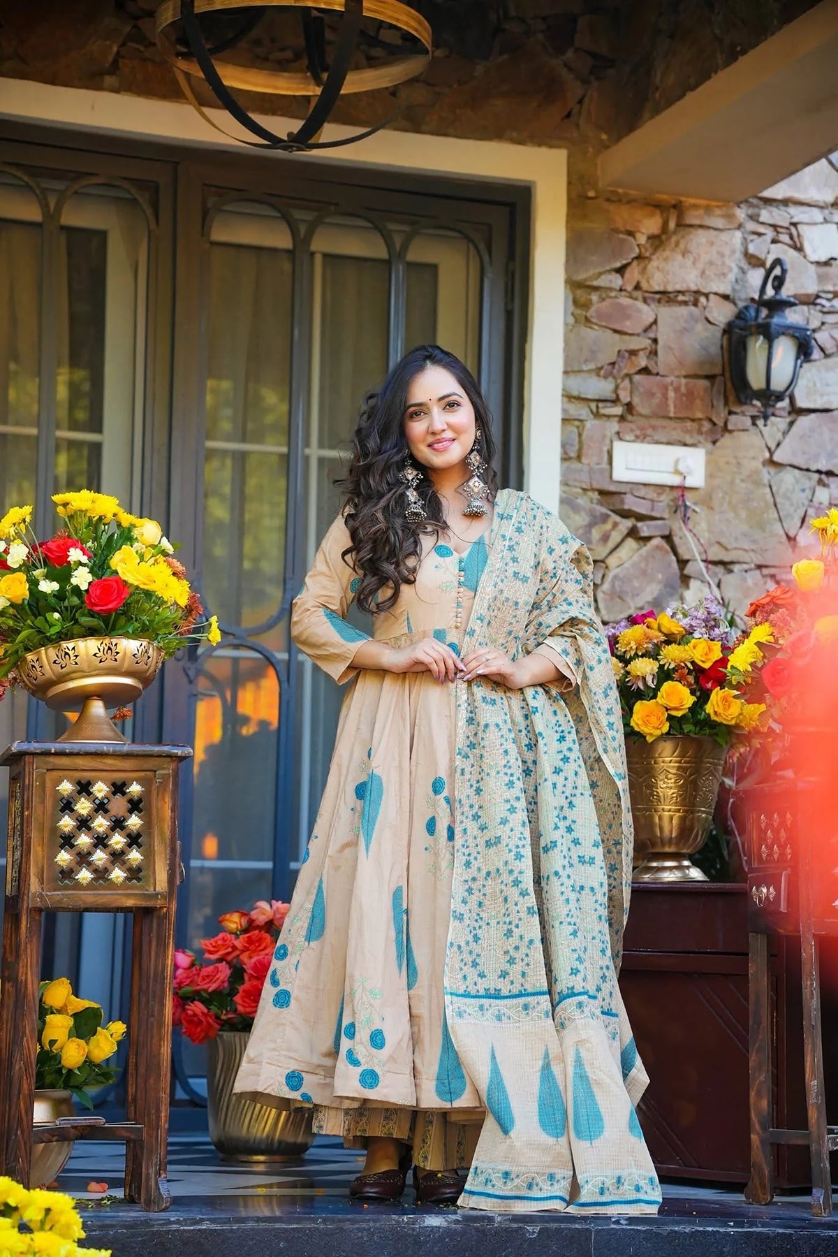 Beige Printed Muslin Suit