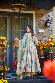 Beige Printed Muslin Suit