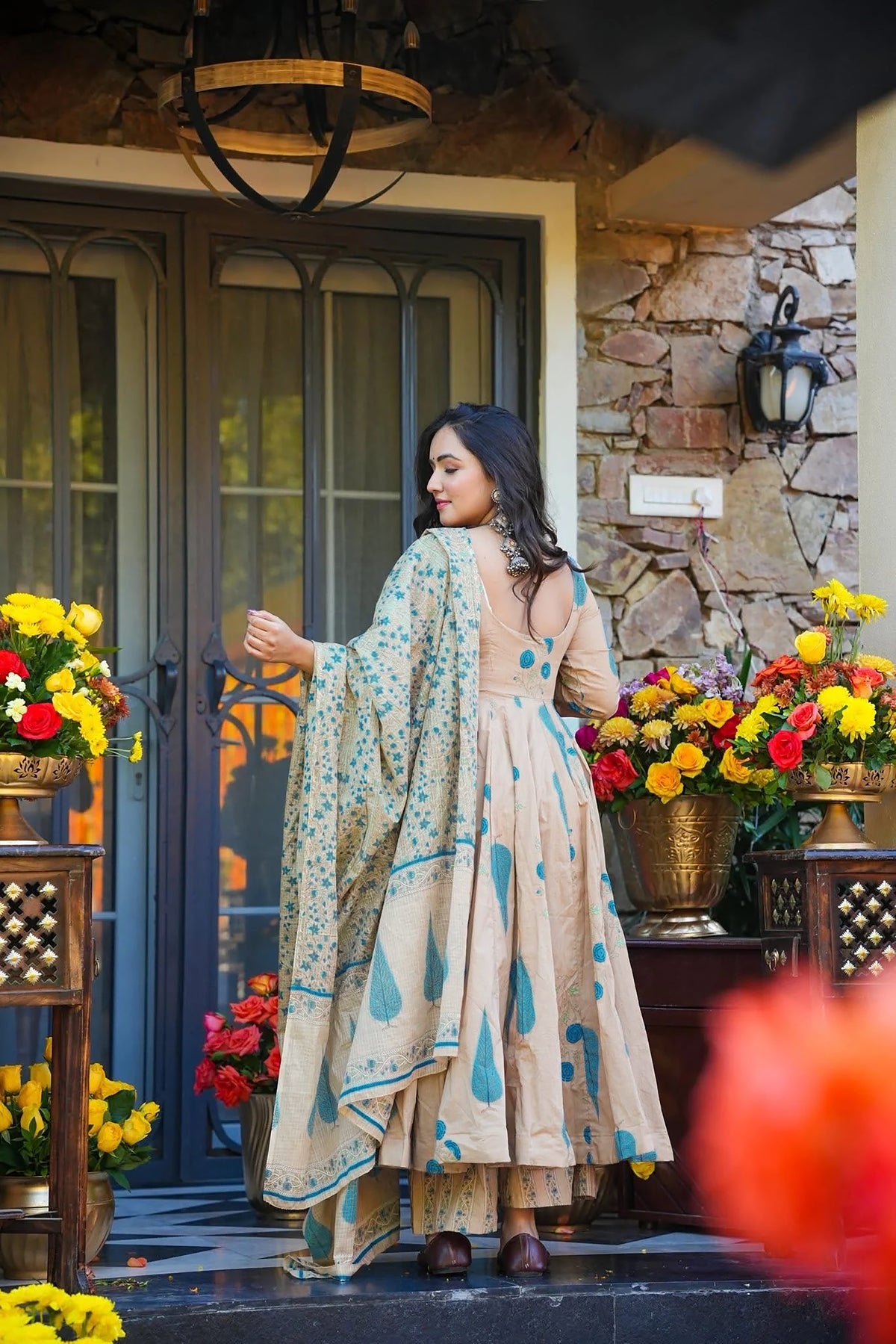 Beige Printed Muslin Suit