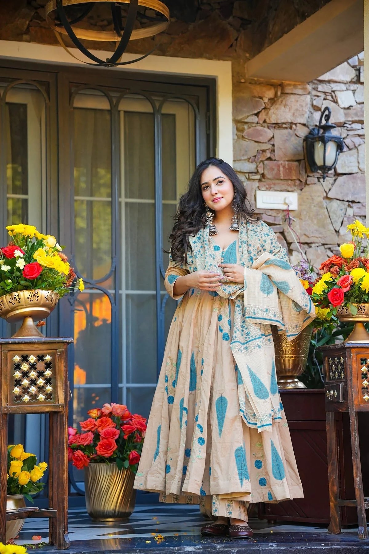 Beige Printed Muslin Suit