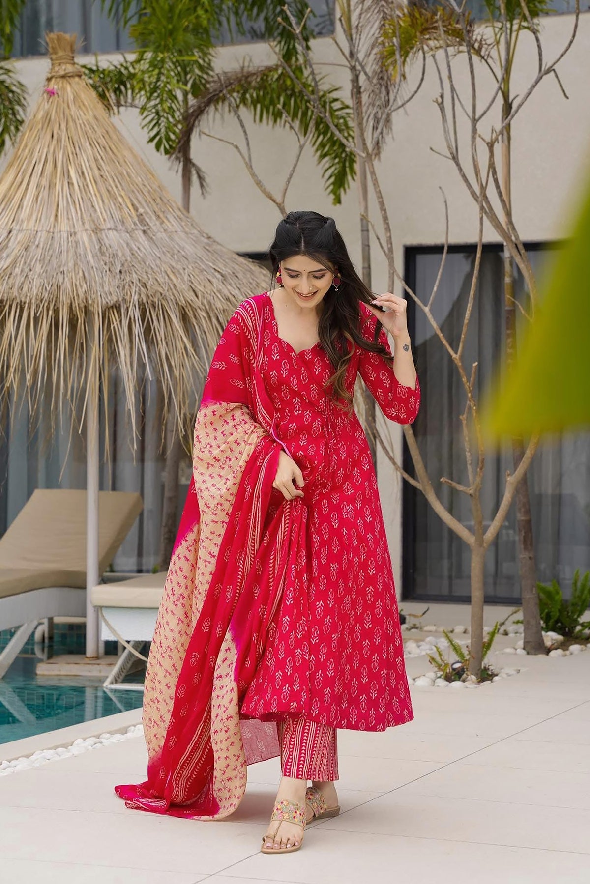 Crimson Printed Muslin Suit