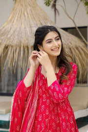 Crimson Printed Muslin Suit
