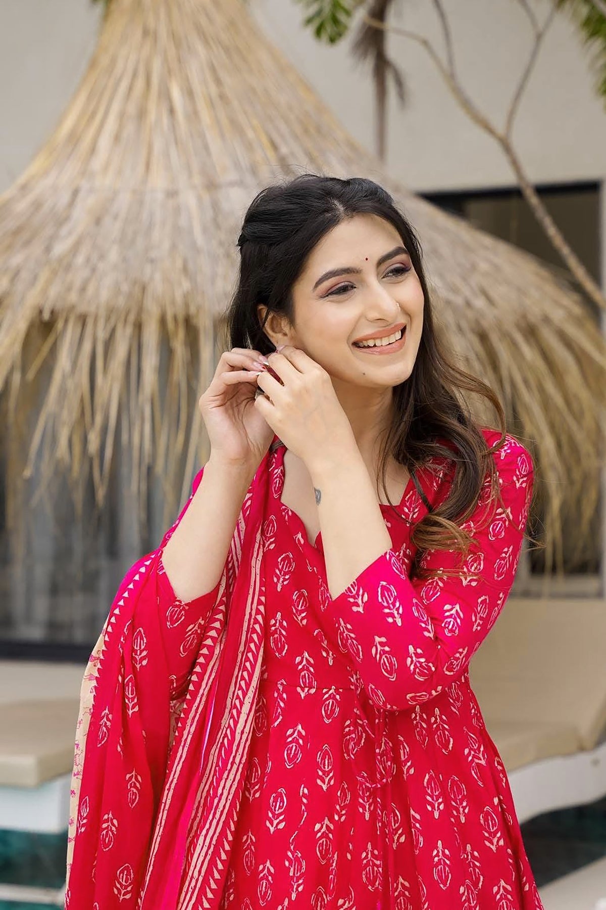 Crimson Printed Muslin Suit