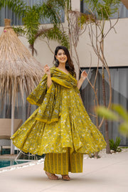 Mustard Printed Muslin Suit