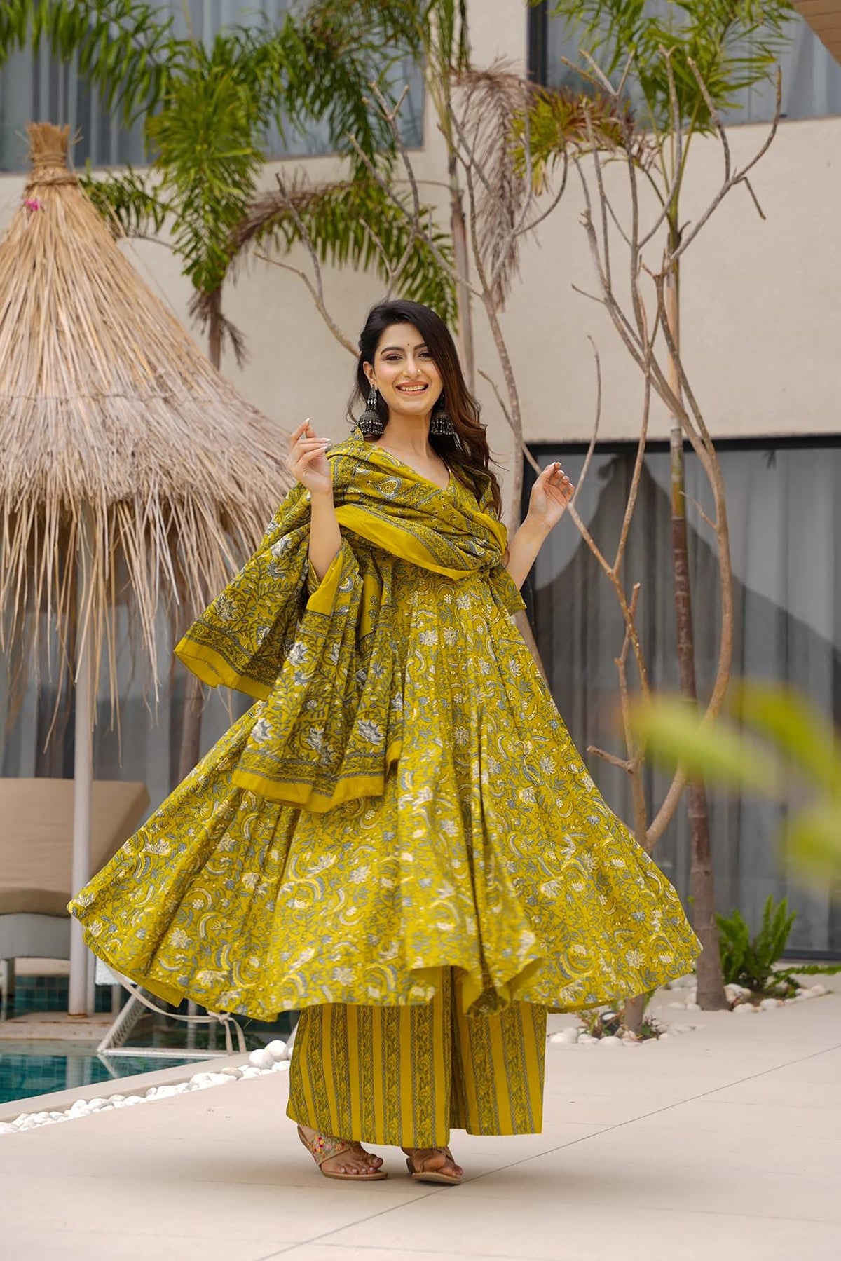 Mustard Printed Muslin Suit