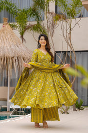 Mustard Printed Muslin Suit