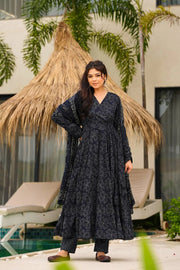 Black Floral Muslin Suit