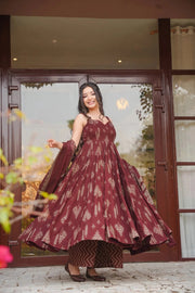 Maroon Printed Muslin Suit