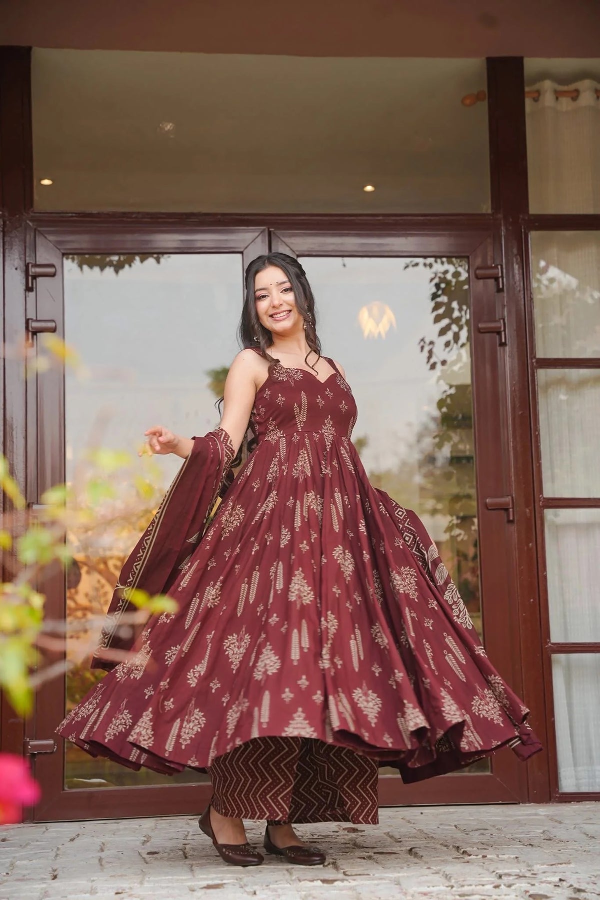 Maroon Printed Muslin Suit
