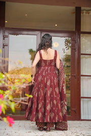 Maroon Printed Muslin Suit