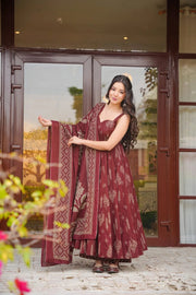 Maroon Printed Muslin Suit