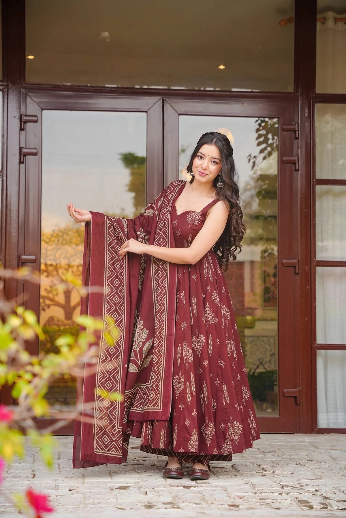 Maroon Printed Muslin Suit