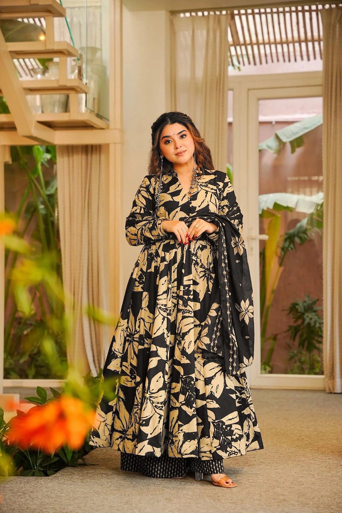 Black Floral Muslin Suit
