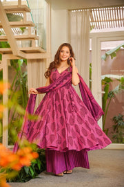 Magenta Printed Muslin Suit