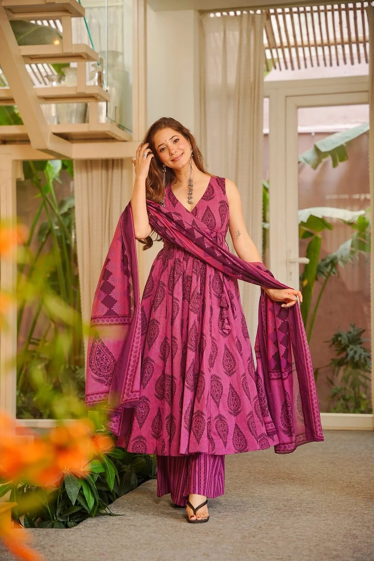 Magenta Printed Muslin Suit