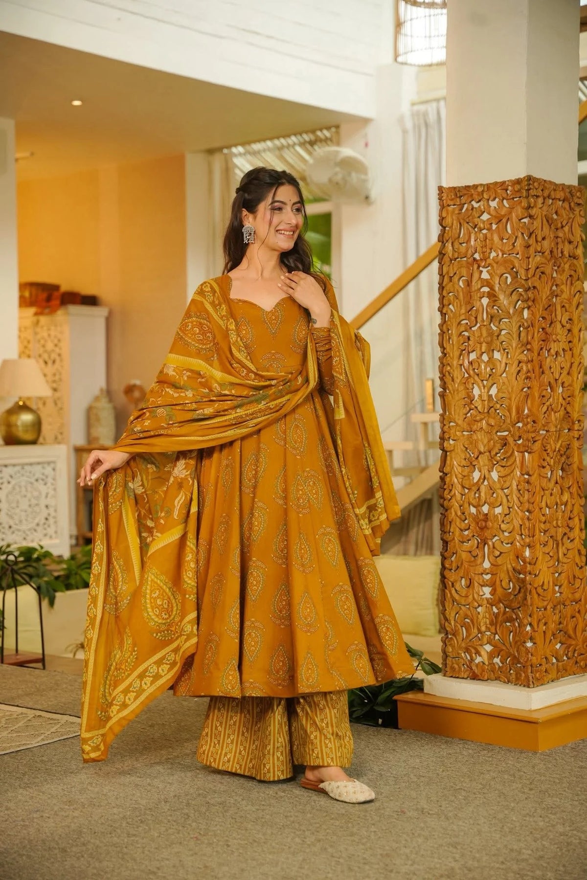 Mustard Paisley Muslin Suit