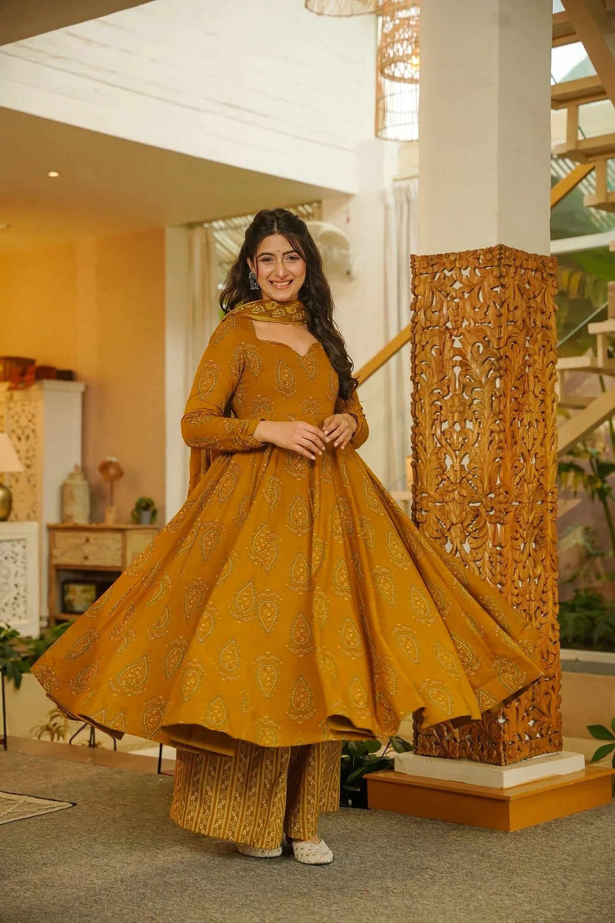 Mustard Paisley Muslin Suit