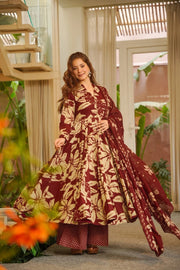 Wine Floral Muslin Suit