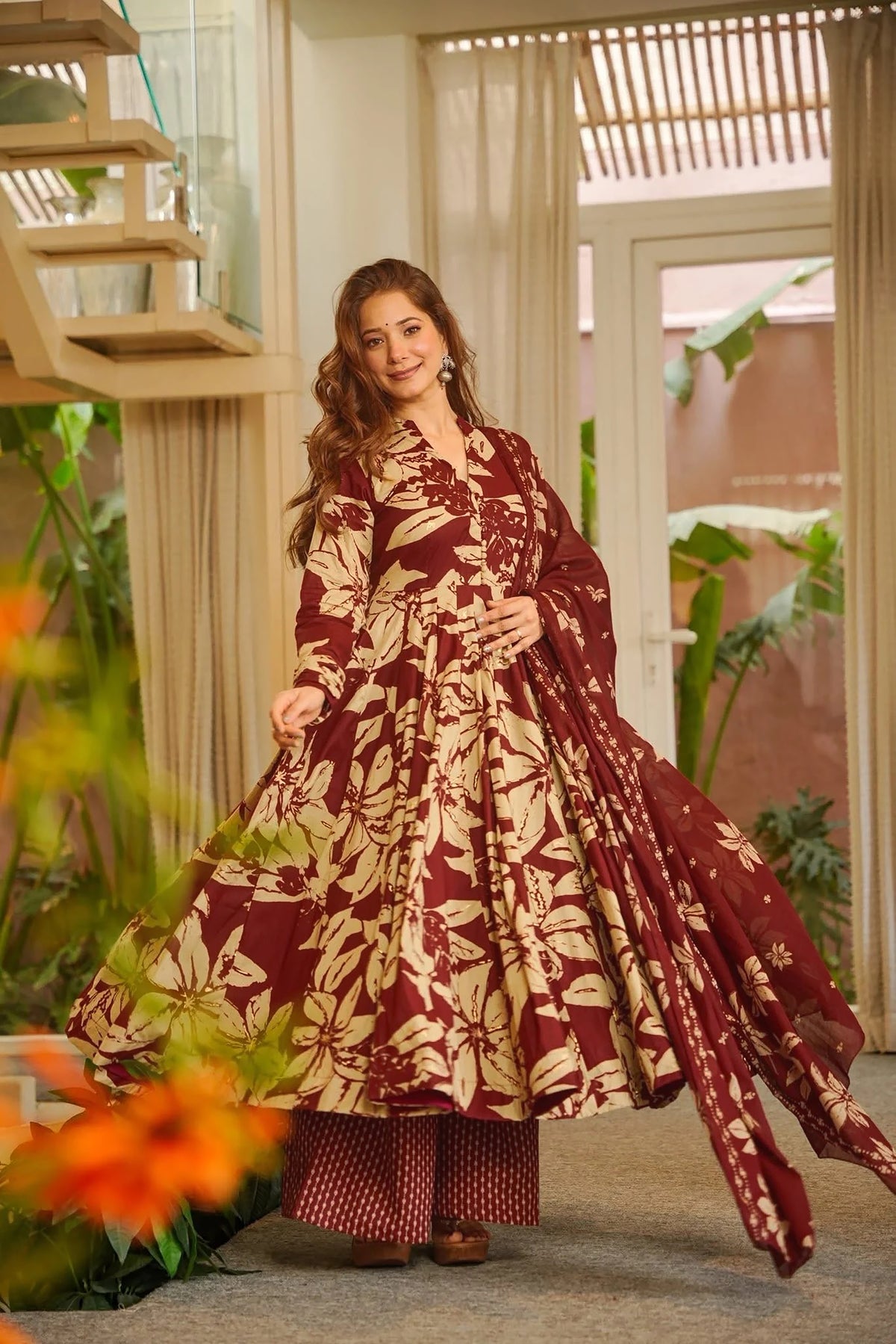 Wine Floral Muslin Suit