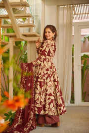 Wine Floral Muslin Suit