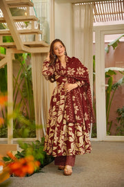 Wine Floral Muslin Suit