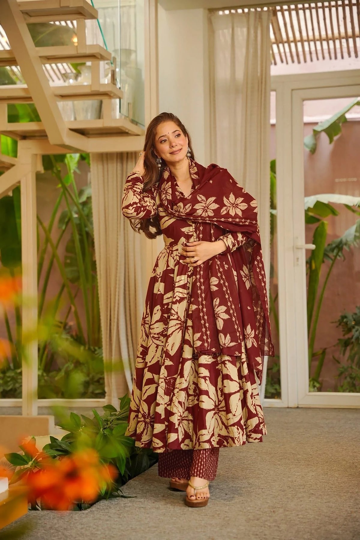 Wine Floral Muslin Suit