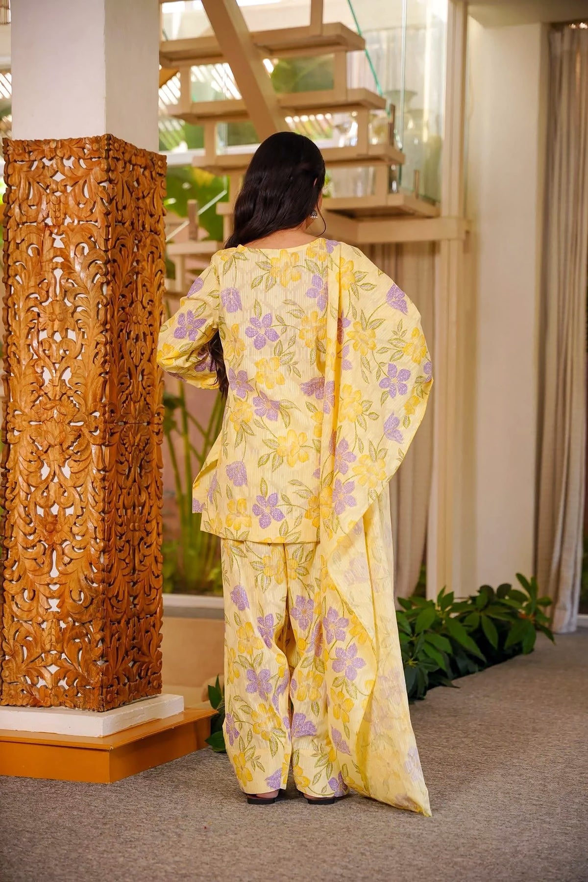 Lemon Yellow Floral Cambric Cotton Suit