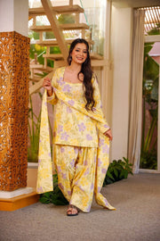 Lemon Yellow Floral Cambric Cotton Suit