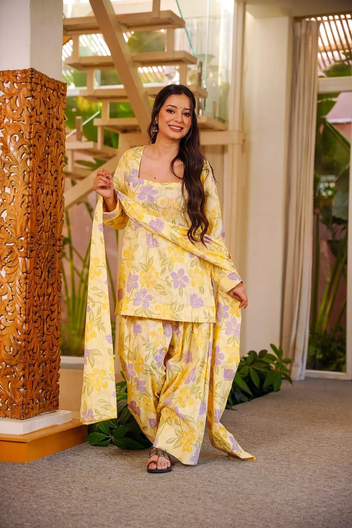 Lemon Yellow Floral Cambric Cotton Suit