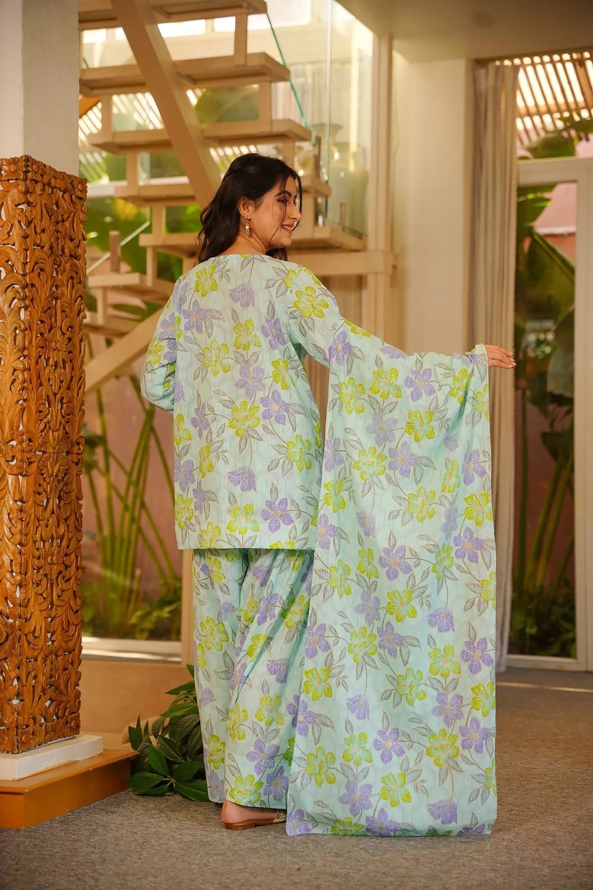 Sky Blue Floral Cambric Cotton Suit