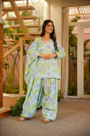 Sky Blue Floral Cambric Cotton Suit