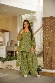 Olive Green Printed Cambric Cotton Suit