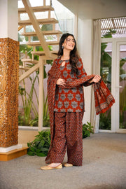 Rust Brown Ajrakh Print Cambric Cotton Suit