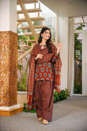 Rust Brown Ajrakh Print Cambric Cotton Suit